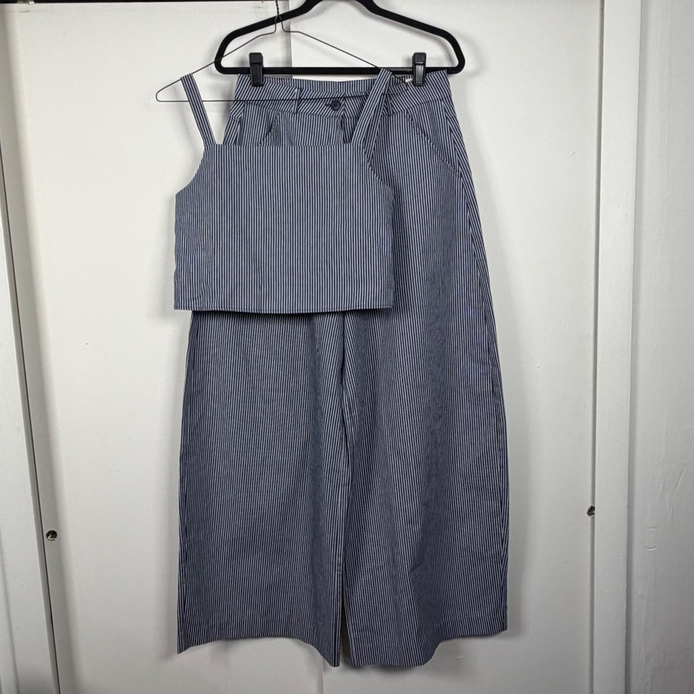 The Frankie Shop Pinstripe Set Cotton Crop Top Wide Leg Pants Navy White S/M